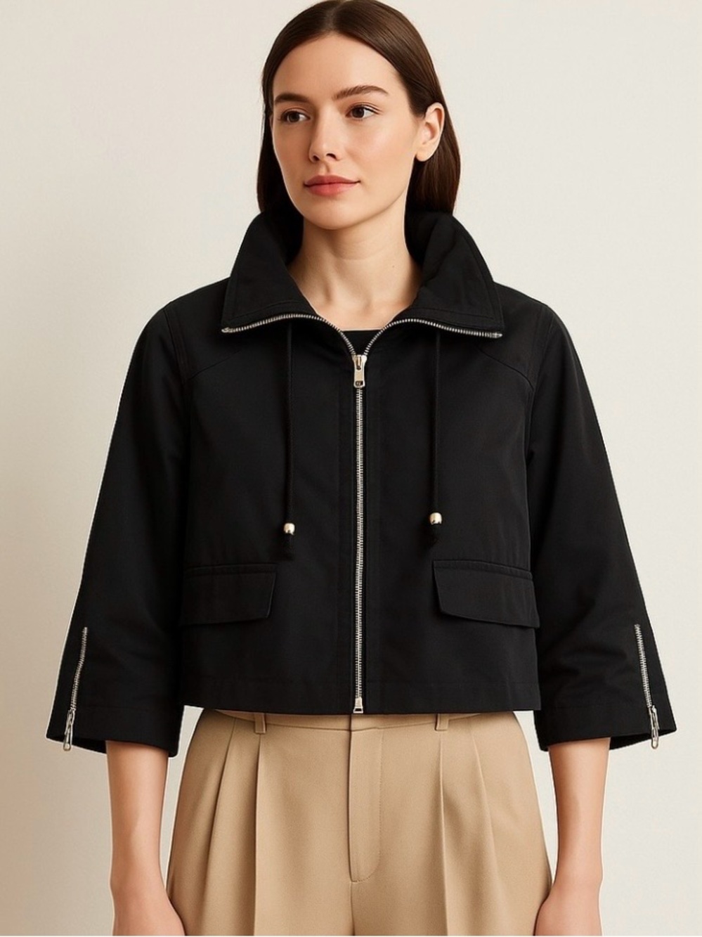 Neiman Marcus Exclusive Cropped Utility Jacket S Black Cotton Zip Funnel Neck